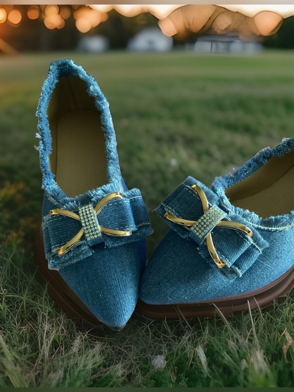 Denim Blue Pointed Toe Flats Gold Bow Rhinestone Accent Size 40 / US 9 - Picture 4 of 10